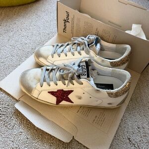 Golden Goose GGDB Superstar Red Glitter Star Gold Sneakers Sz 38 US 8 Women’s